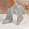 Fashion Full Diamond Block Heel Single Boots Women's Fashion Pointed Toe Rear Zipper Non-Slip Short Boots