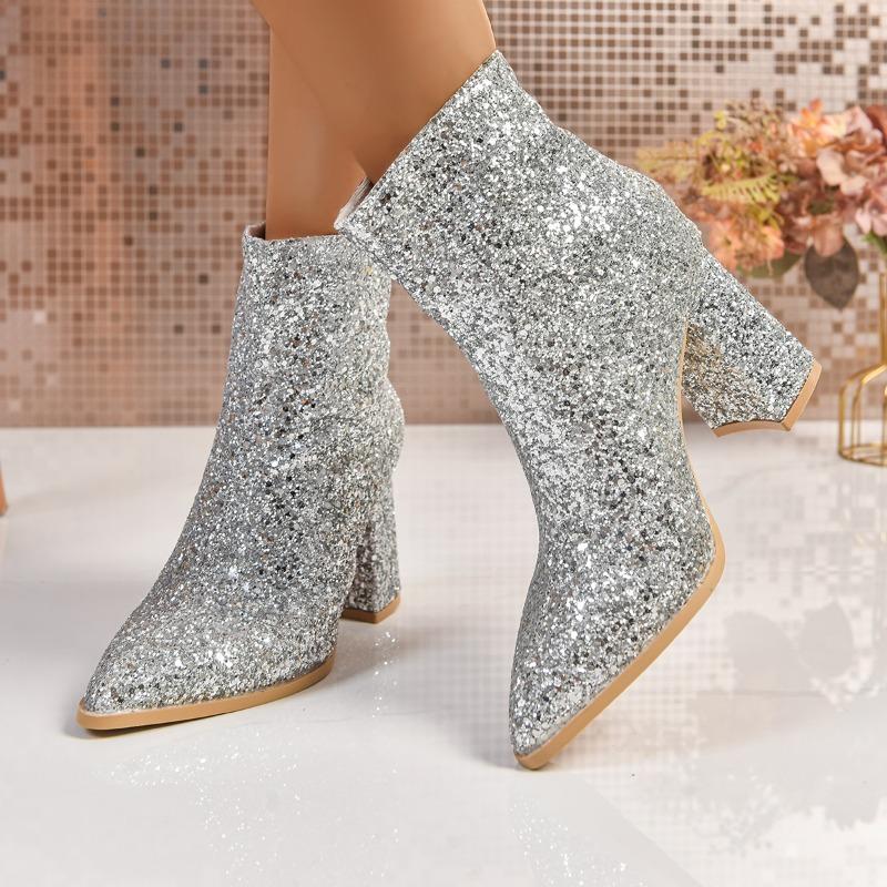 Fashion Full Diamond Block Heel Single Boots Women's Fashion Pointed Toe Rear Zipper Non-Slip Short Boots