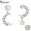 BAMOER 925 Sterling Silver Cubic Zirconia 1Pair Asymmetric Shiny Star and Moon Stud Earrings for Women Elegant Fine Jewelry