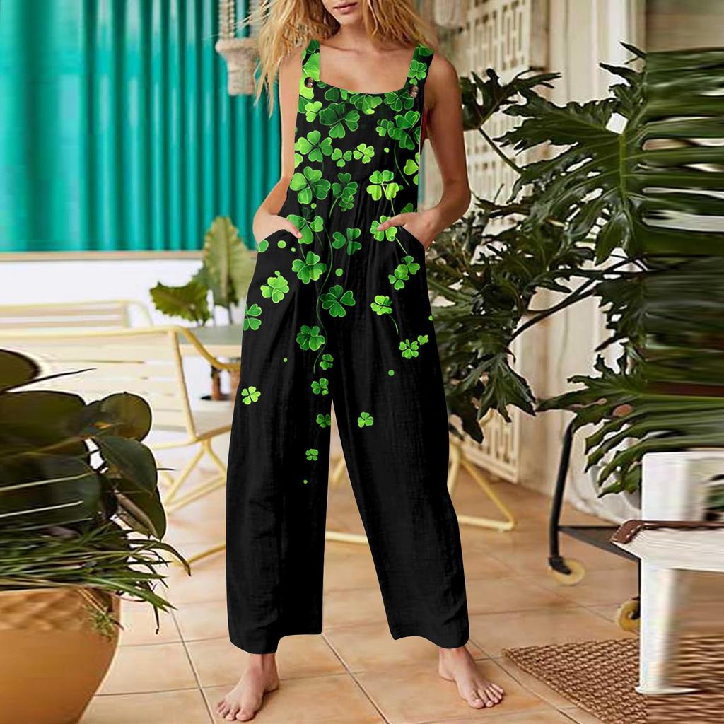 Женский повседневный свободный ретро комбинезон из хлопка и льна с принтом листьев