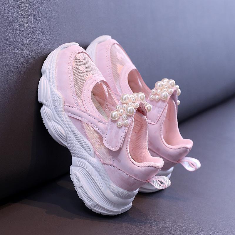Girls' Solid Color Mesh Hollow Sneakers, New Summer Style for Children and Older Kids, Pearl Solid Color Dad Shoes
