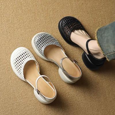 Модные сандалии на толстом каблуке с плетеным верхом, женские летние новые универсальные, увеличивающие рост, повседневные, с полым верхом, туфли-клетка