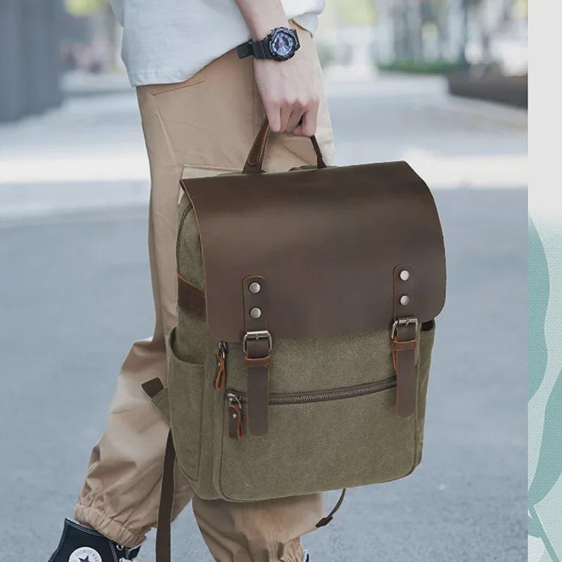 Рюкзаки для ноутбуков из вощеной парусины и кожи в стиле ретро унисекс для путешествий и школы