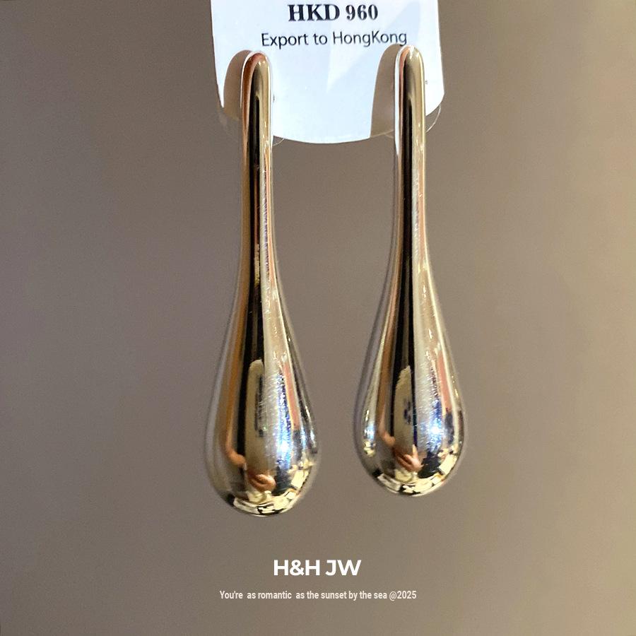 European and American silver needle smooth water drop pendant earrings simple and fashionable earrings light luxury high-end earrings design sense