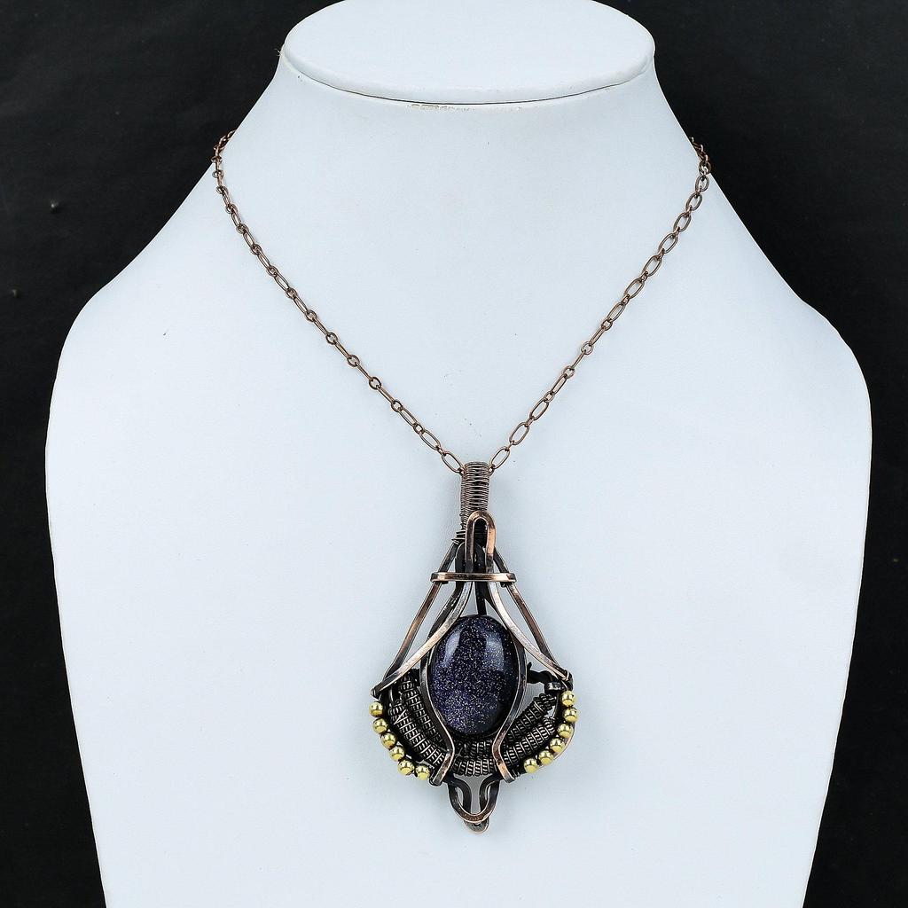 Голубой солнечный камень подвеска медная проволока обернутая ювелирные изделия подлинный драгоценный камень подвеска ручной работы антикварная ювелирные изделия медная проволока обернутая кулон подарок для матери