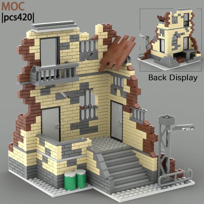Вторая мировая война MOC Руины Строительные Блоки Разрушенный Дом Военная Сцена Перестрелка Страж Заброшенная Стройка Кирпичи Сборка Игрушки Подарок для Мальчиков