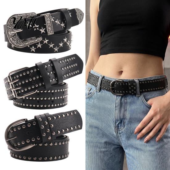 Slimming Waist Cincher Belt 110cm Punk Star Rivet for Women, Faux Leather Studded Fashion Casual Decoration with Metal Buckle, Edgy Music Festival