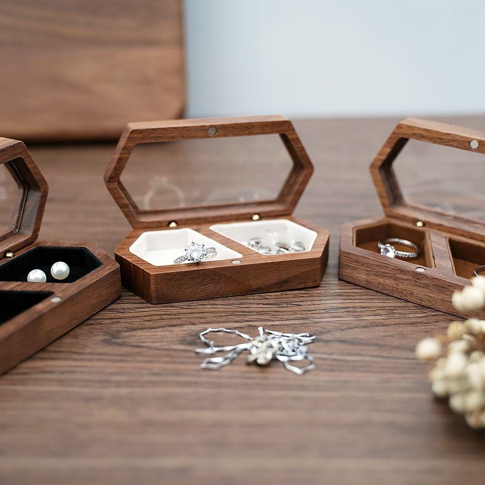 Square Mini Wood Rings Box Luxury Jewelry Organizer Simple Rings Bearer Box  Couple