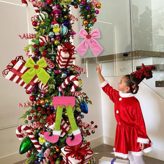 Christmas Bow Hanging Ornament Plush Elf Legs with Red Green Bows for Tree Decor Festive Fun Home Decoration