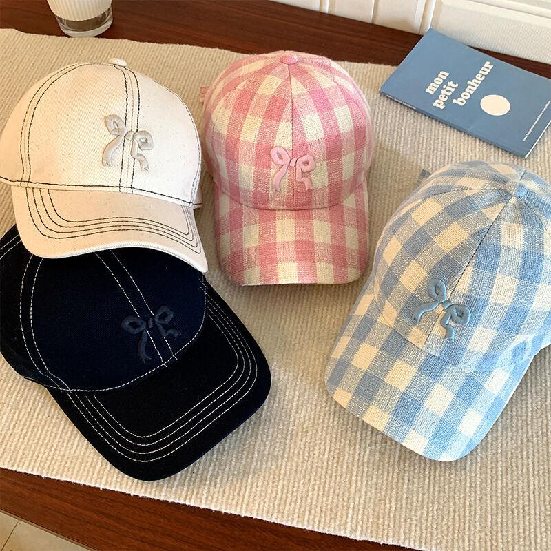 Women's original versatile sweet bow embroidered baseball cap, spring and summer Korean style plaid duckbill cap that makes the face look smaller