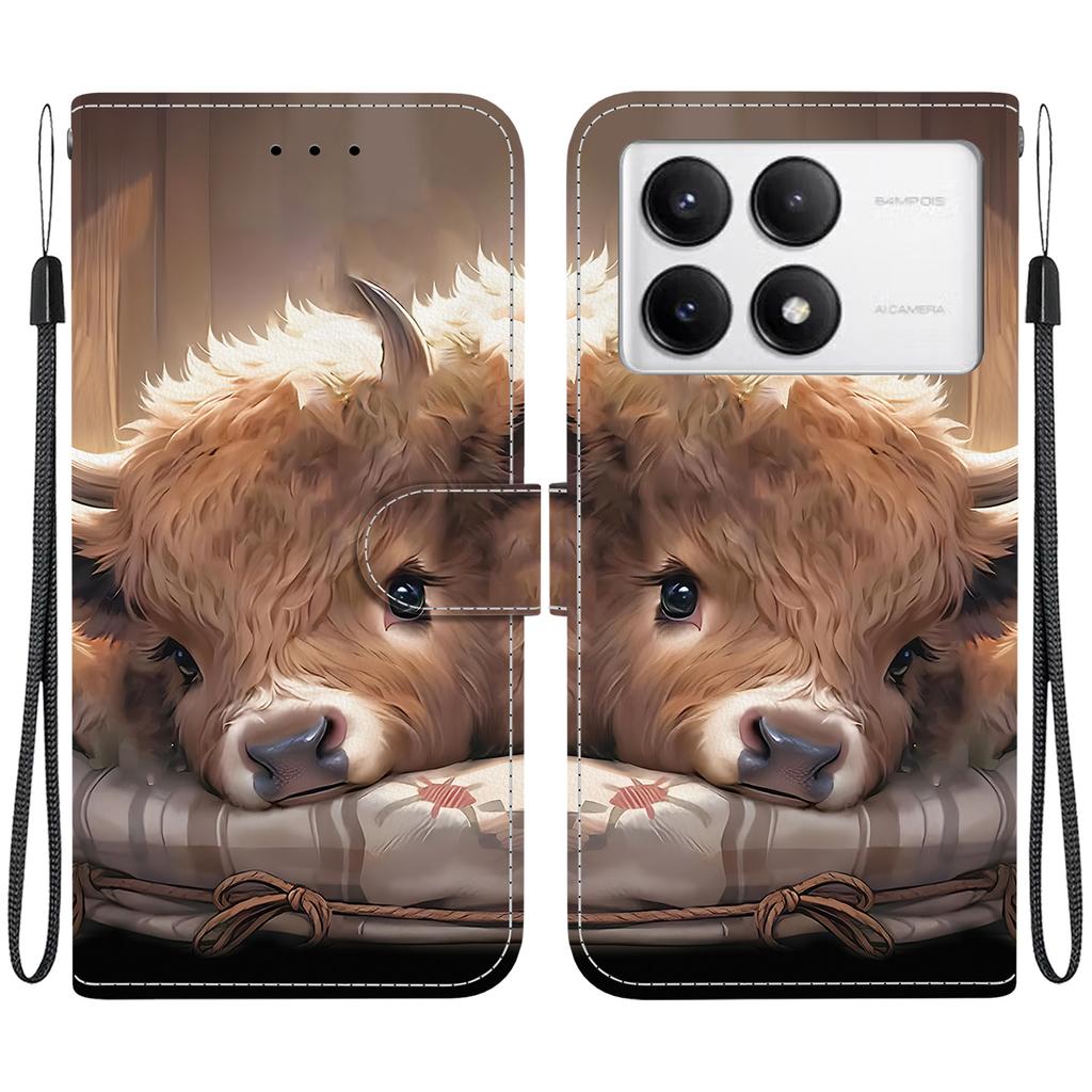 Handmade PU Leather Flip Case for Xiaomi Poco F6 Pro Anti-Slip Shockproof Cover with Wrist Strap & Heart/Rose Cat Designs