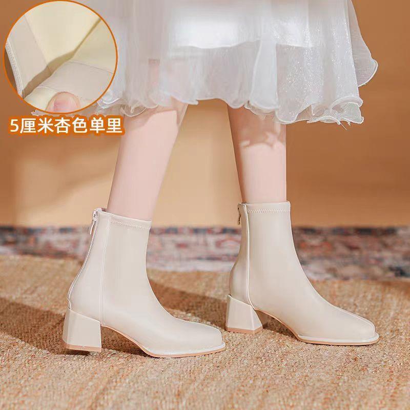 Giant Skinny! Skinny Boots~ Thick Heel White Ankle Boots Women's French Short Boots Square Head High Heel Elastic Boots Women's