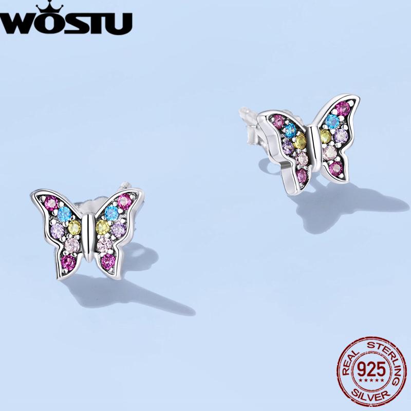 WOSTU 100% 925 Sterling Silver Rainbow Insect Bee Beetle Spider Butterfly Dragonfly Stud Earrings For Women Fine Jewelry Gifts