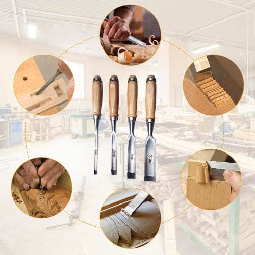 Set of 4 Regular Woodworking Chisels [For Woodworking, Hinge Installation, Threshold Groove Repair, Etc.] [Hammerable] [For Chamfering, Wood Carving,