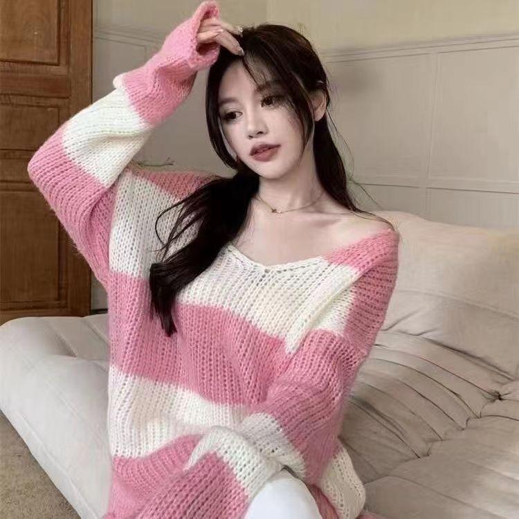 Мужские топы, Свободный трикотаж, Западный стиль, Ленивый стиль, Весенне-осенние тонкие полосатые свитера, Женское лето