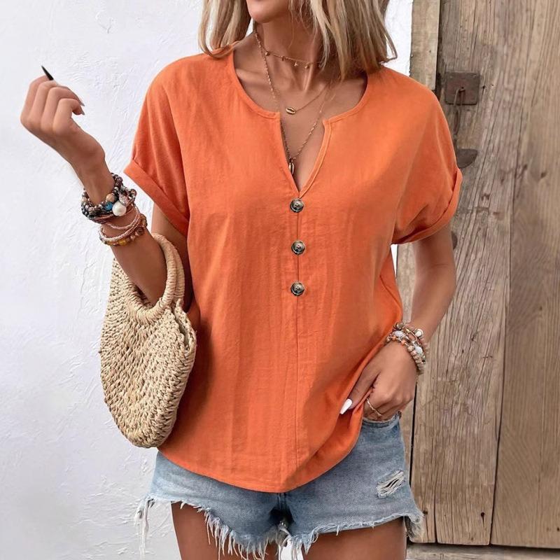 women v neck linen blend t shirt short sleeve button detail casual top