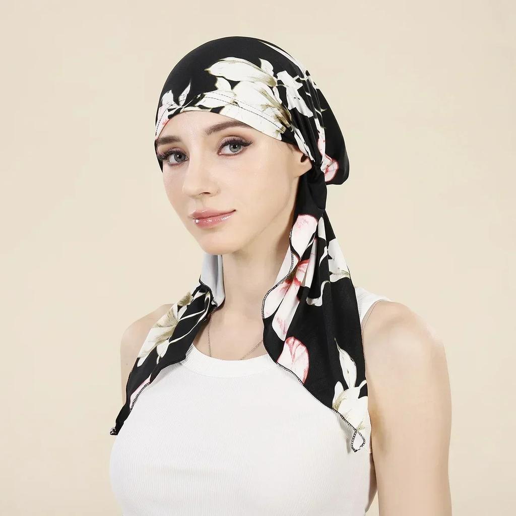 New Shimmer Pre-Tied Hat Women Muslim Hijab Turban Long Tail Headscarf Beanies Bonnet Hair Loss Chemo Cap Head Wrap Bandanas