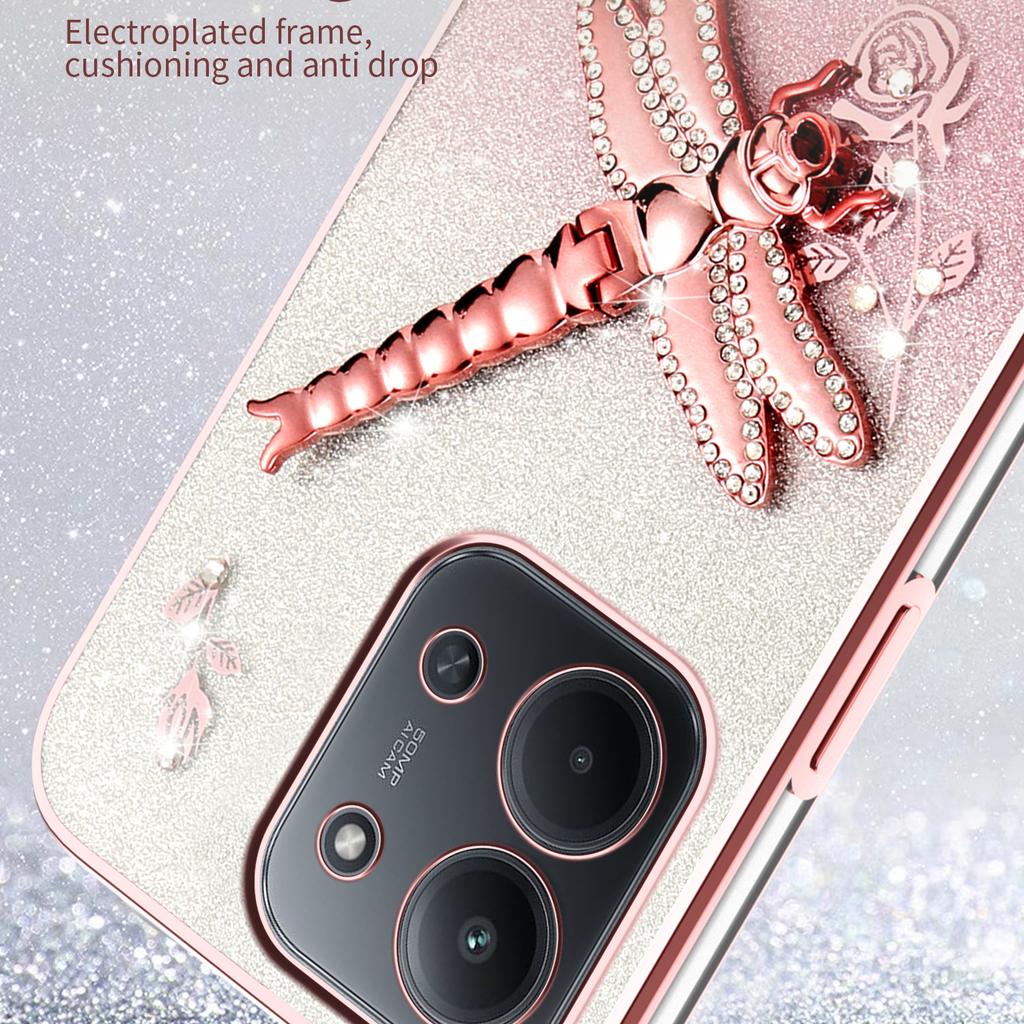 Phone Case For Xiaomi Redmi 15C 4G (EU) (173mm)/15C 5G (EU) (173mm)/Poco C85 Dragonfly Kickstand TPU Flowers Glitter Cover