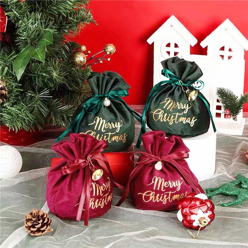 Christmas Velvet Apple Candy Gift Bags Xmas Party Cookies Favors Packaging Bags Kids Present Exquisite Drawstring Bags Red Green