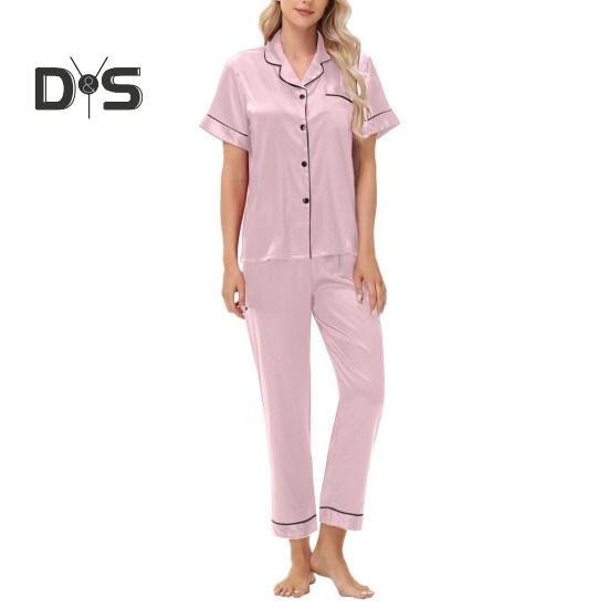 Пижамный костюм из 2 предметов, однобортный, из атласа, шелка, большого размера, кардиган, рубашка с V-образным вырезом, воротник-стойка, однотонная рубашка, широкие свободные брюки, ночная рубашка