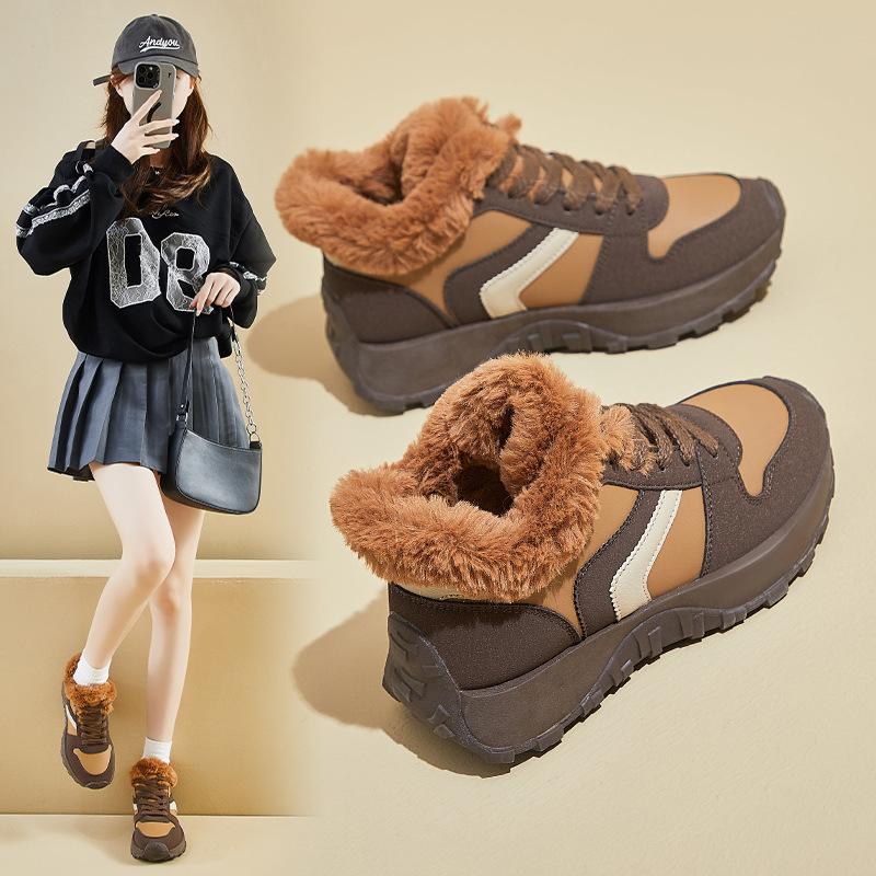 Женские зимние ботинки для снега, ботильоны на толстой платформе, со шнуровкой и подкладкой из искусственного меха, нескользящие высокие кроссовки с флисовой подкладкой, теплая обувь для ходьбы