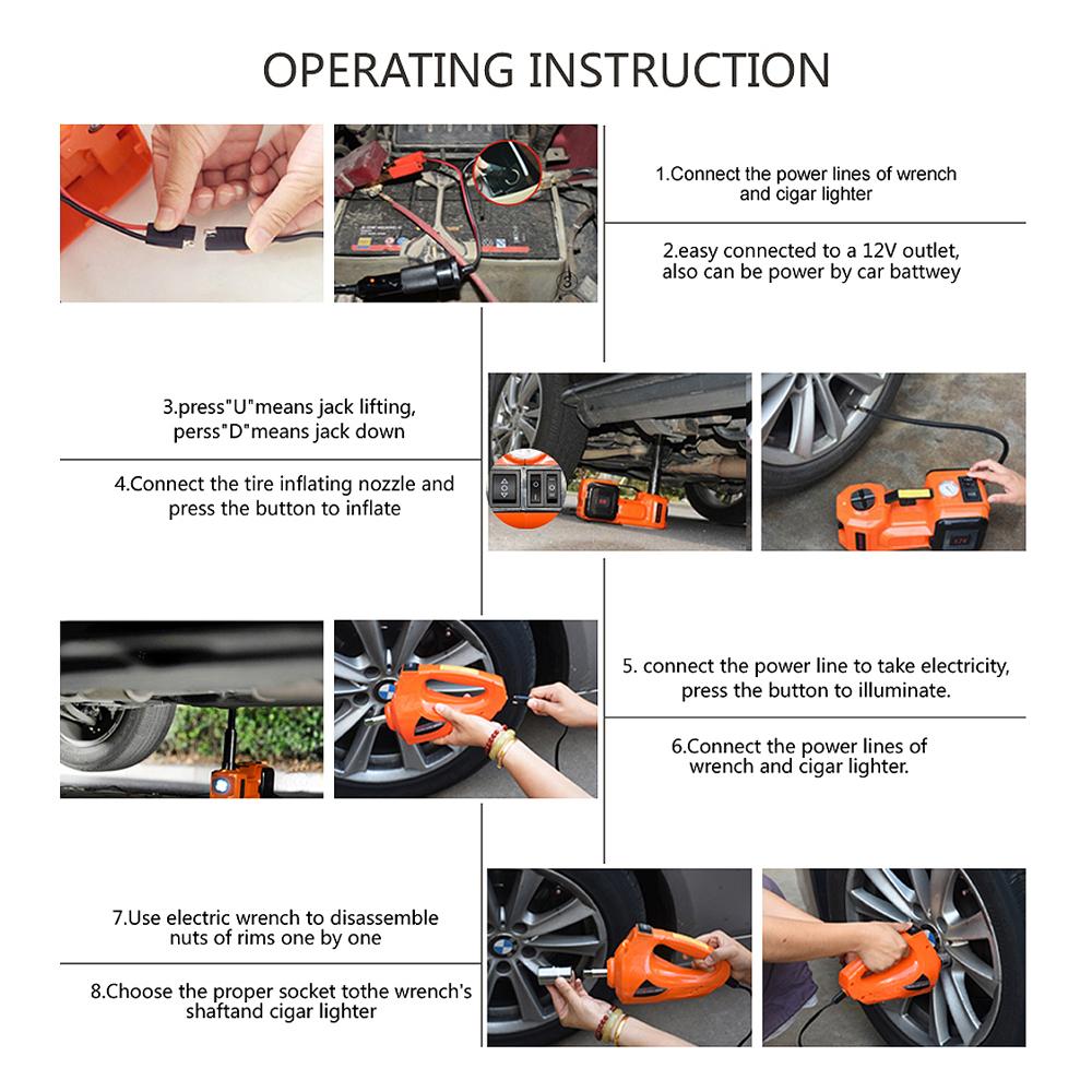 Автомобильный домкрат 5T Электрический гидравлический напольный домкрат Насос для накачивания шин Светодиодная подсветка Электрический ударный гайковерт Инструмент для ремонта автомобиля 45 см 3 в 1 150 Вт DC 12 В
