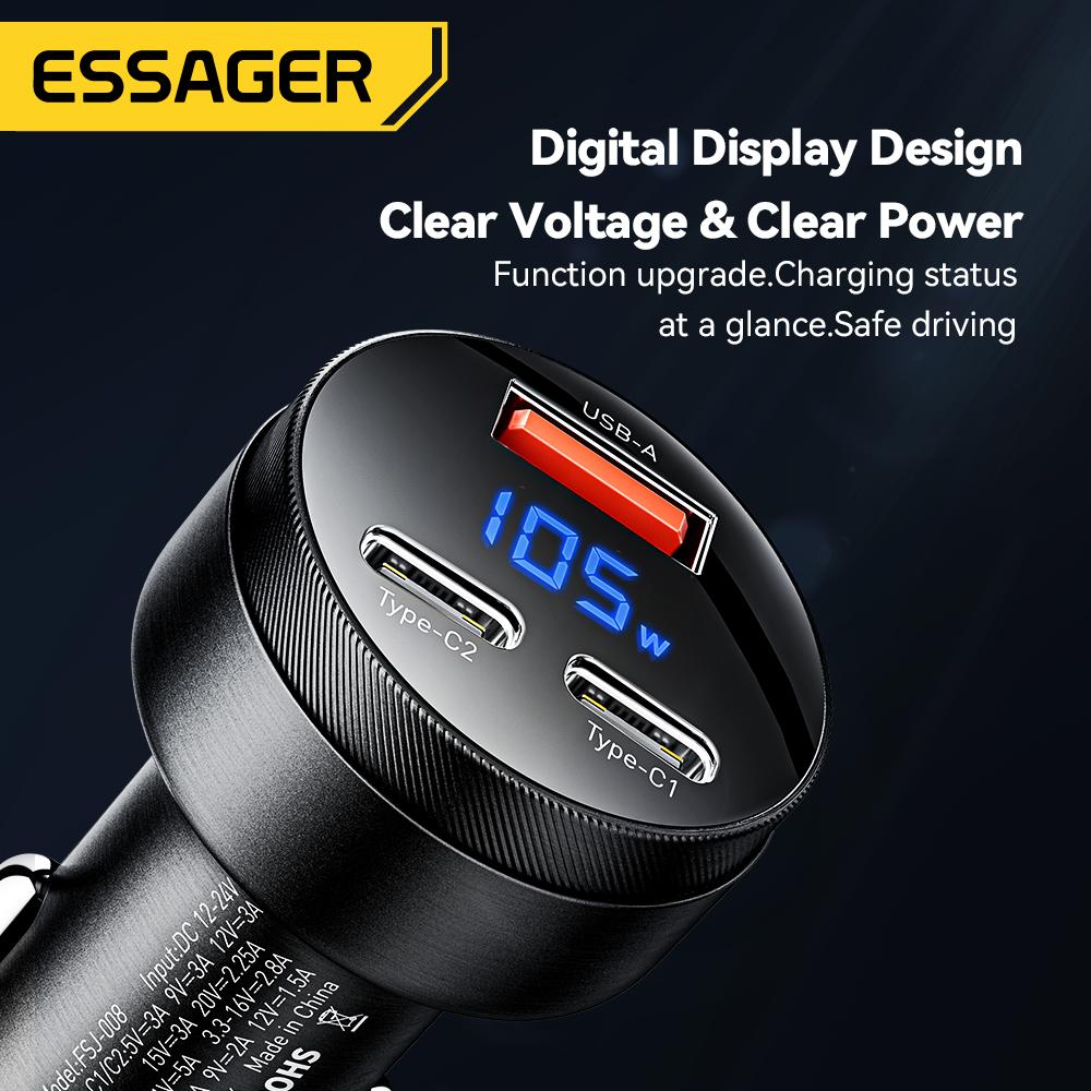 Автомобильное зарядное устройство Essager USB C 105 Вт Быстрая зарядка PD3.0 QC4.0 3.0 SCP PPS USB Type C Быстрая зарядка для iPhone 15 14 13 Samsung Xiaomi