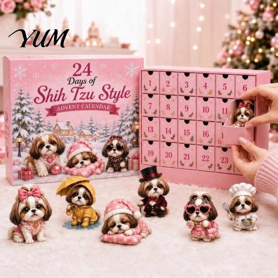 Interactive Holiday Game Shih Tzu Advent Calendar, 24-Day Countdown Toy Set with Mini Dog Family to Christmas Figures, Tree Hanging Decor, Gift