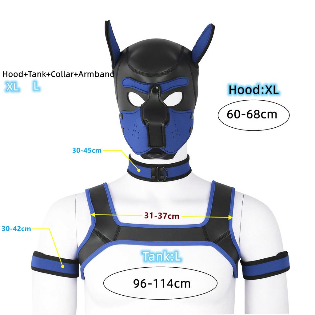 XL большой размер щенок косплей неопреновый фетиш капюшон маска комплект с нагрудным ремнем воротник повязка секс-костюмы для БДСМ роль раба
