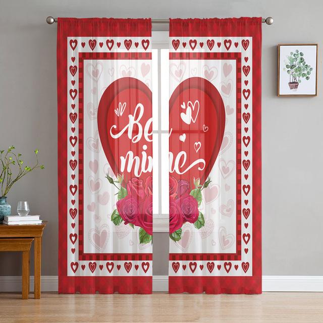 Красная роза, зеленый лист, растение, красивые прозрачные шторы для гостиной, спальни, украшения, оконная вуаль, утренняя тюлевая занавеска