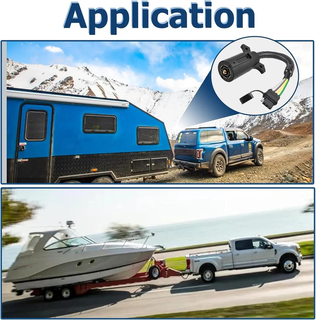 Universal Waterproof 7 Way Round to 4 Way Flat Adapter Trailer Wiring Harness Power Supply Extension Cord for Trucks RV Pickups