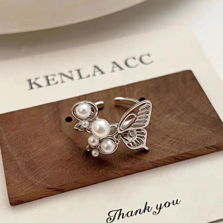 Simple Elegant Romantic White Imitation Pearl Hollowed-out Butterfly open mouth Rings for Women Adjustable Rings Jewerly Gifts