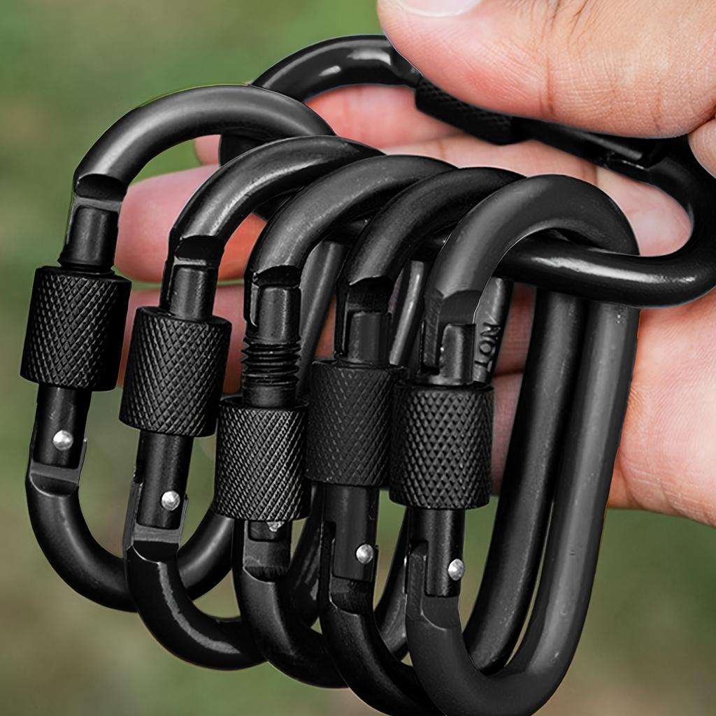 6 Pcs of D-shaped Spring Hook Carabiners with Screw gates.Aluminum Alloy buckles.Suitable for Outdoor activities.Keychain Hooks.