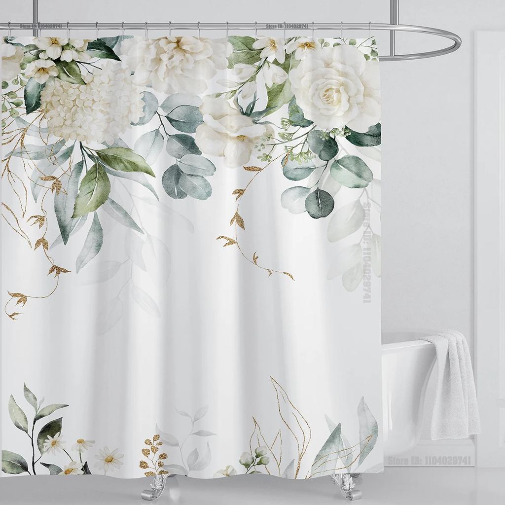 Watercolor Leaves On The Top Plant With Floral Bathroom Greenery Leaf Decoration Watercolor Botanical Shower Curtain With Hooks