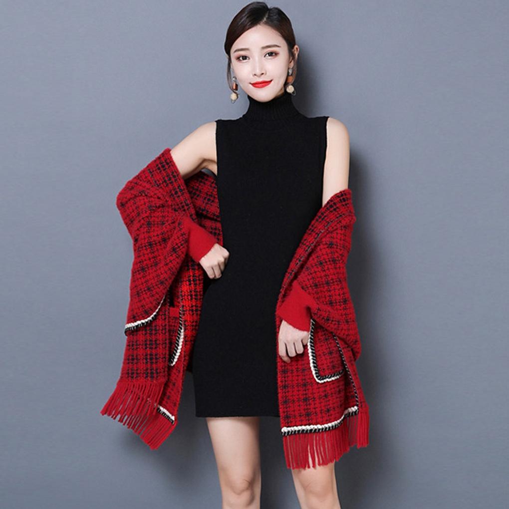 Кашемировый женский твидовый кардиган с карманами, плащ, шаль, накидка