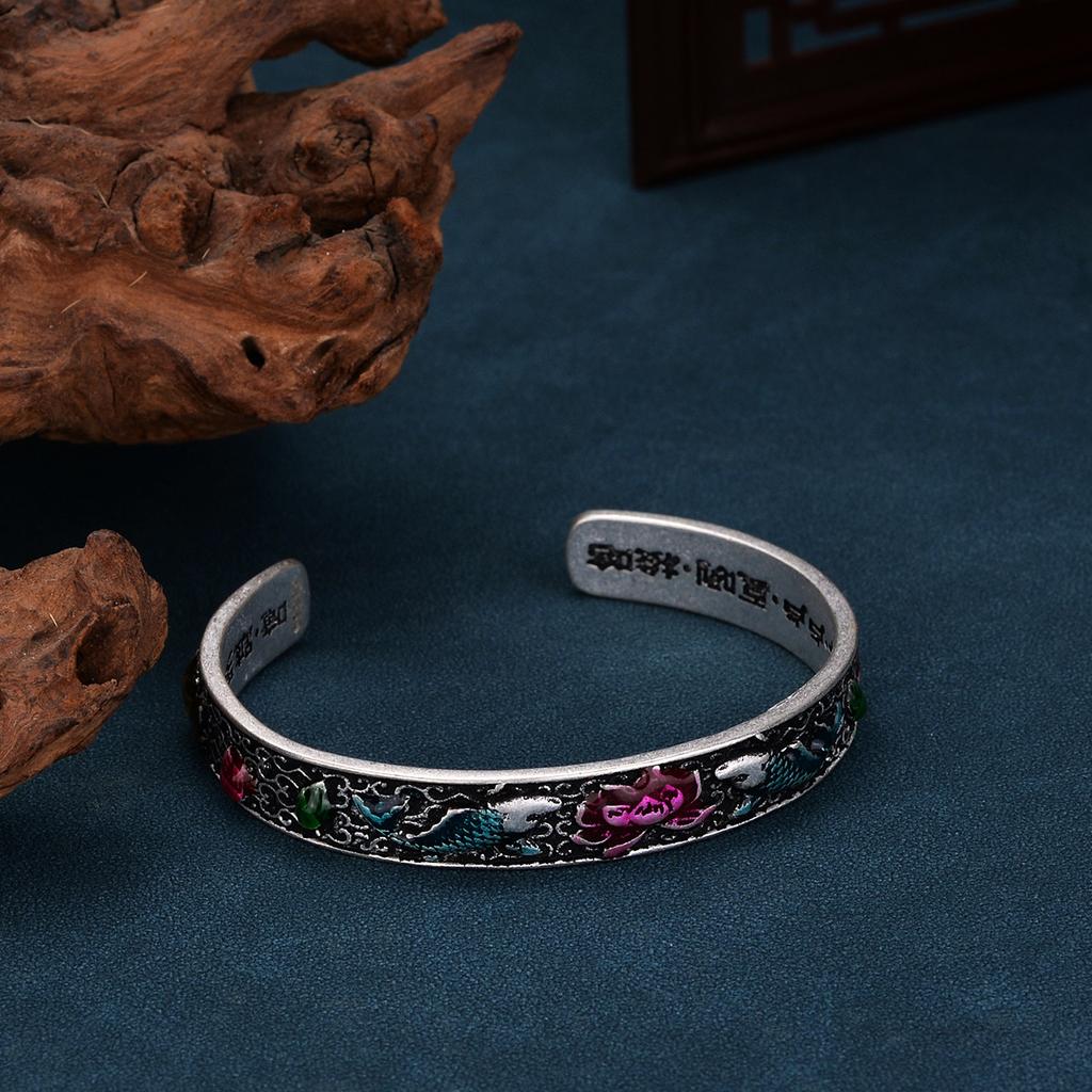 Personalized Burnt Blue Vintage Heart Sutra Enamel Bracelet Cloisonne Double Fish Play Lotus Dropping Gel Silver Bracelet Birthday Gift