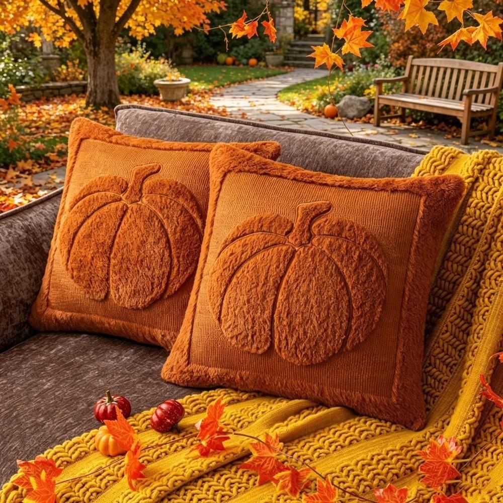 Soft Plush Fabric Throw Pillow Covers Pumpkin Pattern Faux Wool Cushions Living Room Bedroom