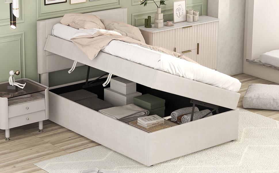 Upholstered Bed, 90 x 200, Single Bed with Slatted Frame made of Metal Frame, Large Storage Space, Without Mattress, Beige, 200x90cm.