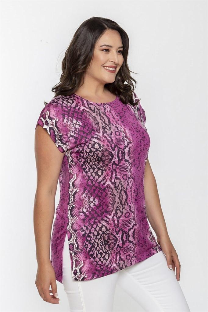 Женская блузка большого размера с круглым вырезом и змеиным узором с разрезом, розовая
