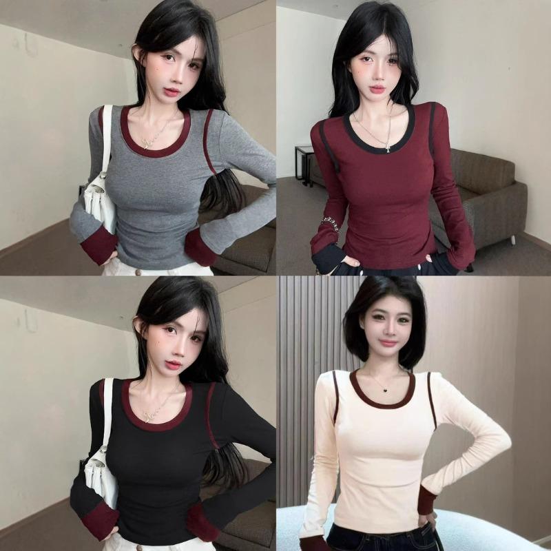 Ins Sexy Spice Crew Neck Соответствующая цветная футболка с длинными рукавами Осенняя новинка Универсальный утягивающий пуловер Базовая рубашка Топ