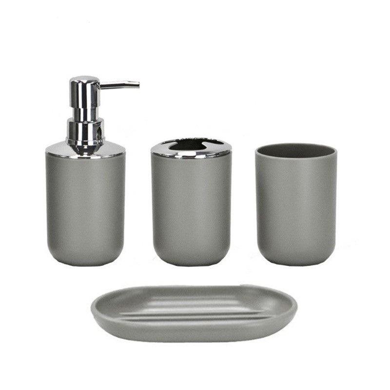 6-Piece Bathroom Set: Trash Can, Toilet Brush, Lotion Bottle, Toothbrush Holder, Soap Dish, and Countertop Decor.
