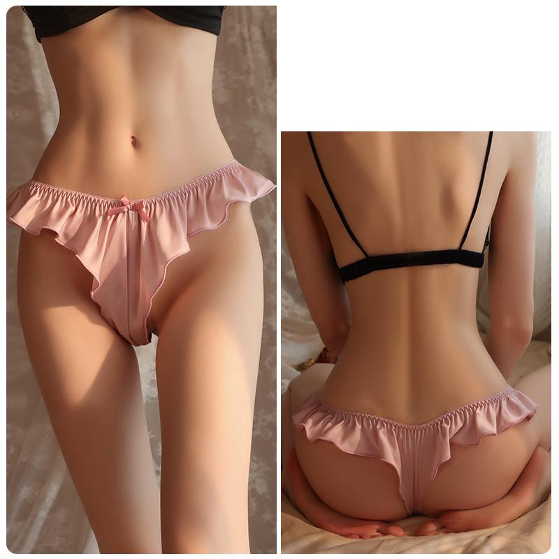 Новые атласные эластичные трусики для женщин, однотонный галстук-бабочка, милое модное нижнее белье, женские трусы-стринги с низкой талией и оборками