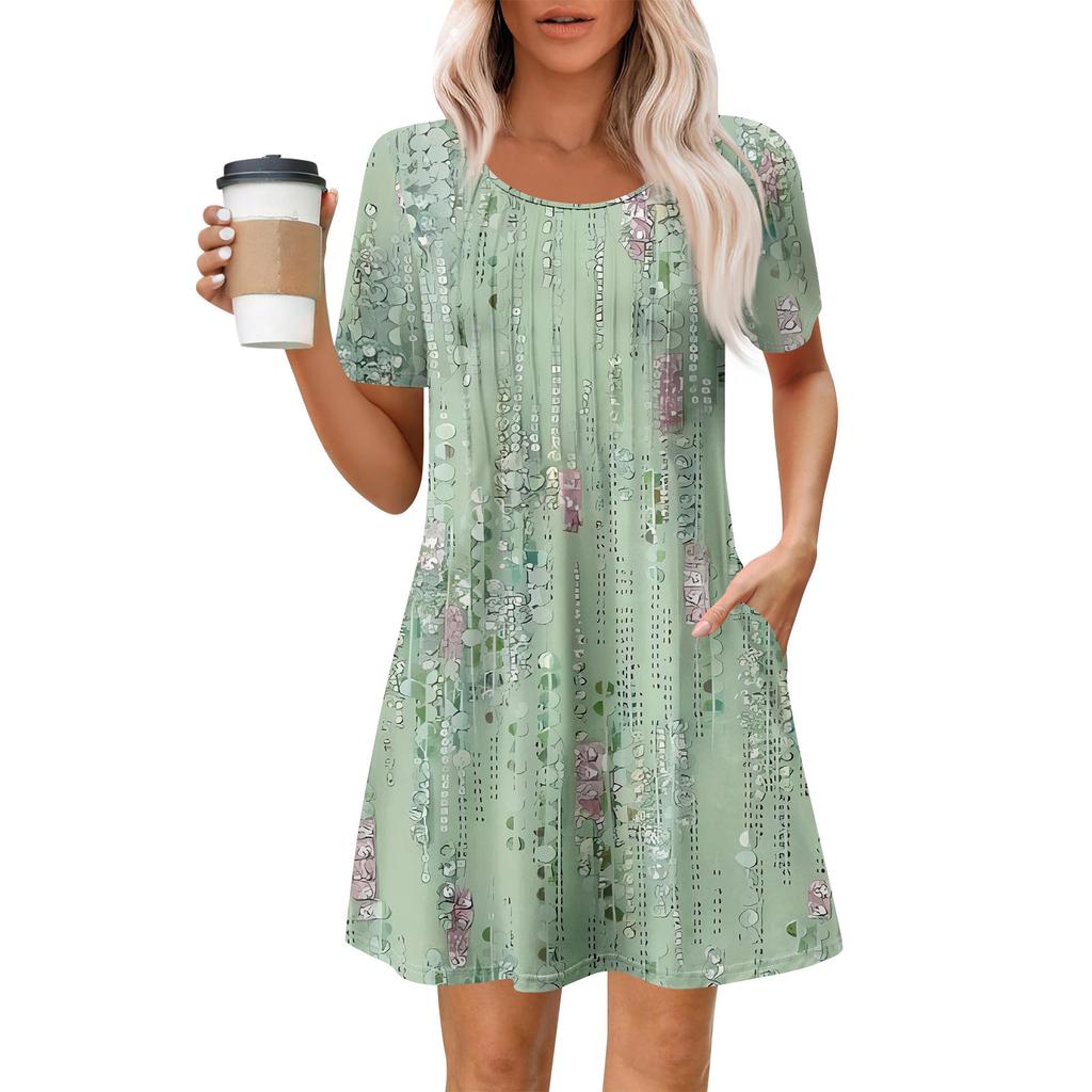 Женское летнее платье свободного покроя для пляжного отдыха, сарафан с коротким рукавом и круглым вырезом, с карманом, с коротким рукавом, платье-рубашка