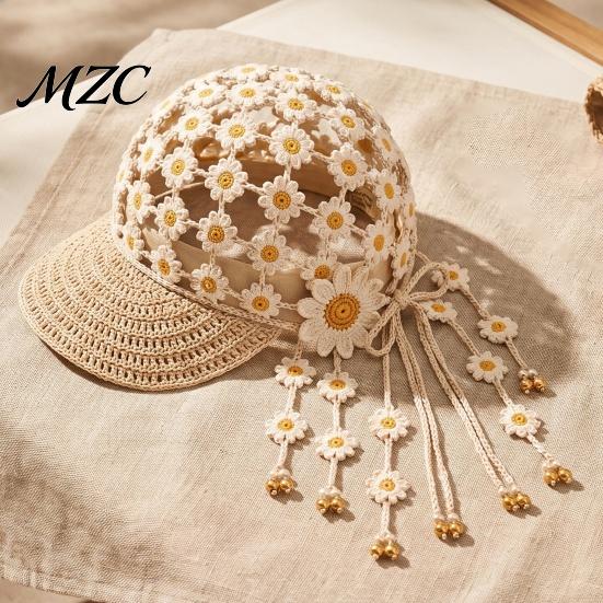 Bohemian Style Sun Hat Hand Crocheted Sunflower Baseball Cap, Tassel Bell Hat, Handmade Knit Cutout Floral Short Brim Cap Beanie Caps, Colored Casual
