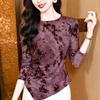 New Round Neck Retro Long-sleeved Flocking Mesh Base Shirt for Women Pullover T-shirt Top
