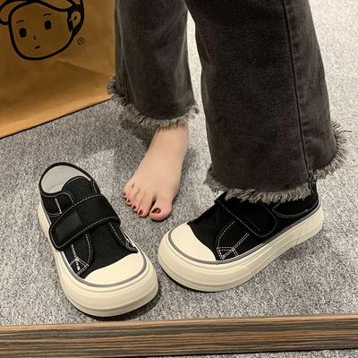 Ретро-туфли на липучке с большой головой из парусины 2024 года, весна и осень, корейская версия, студенческие ретро-туфли на платформе, ленивые, повседневные