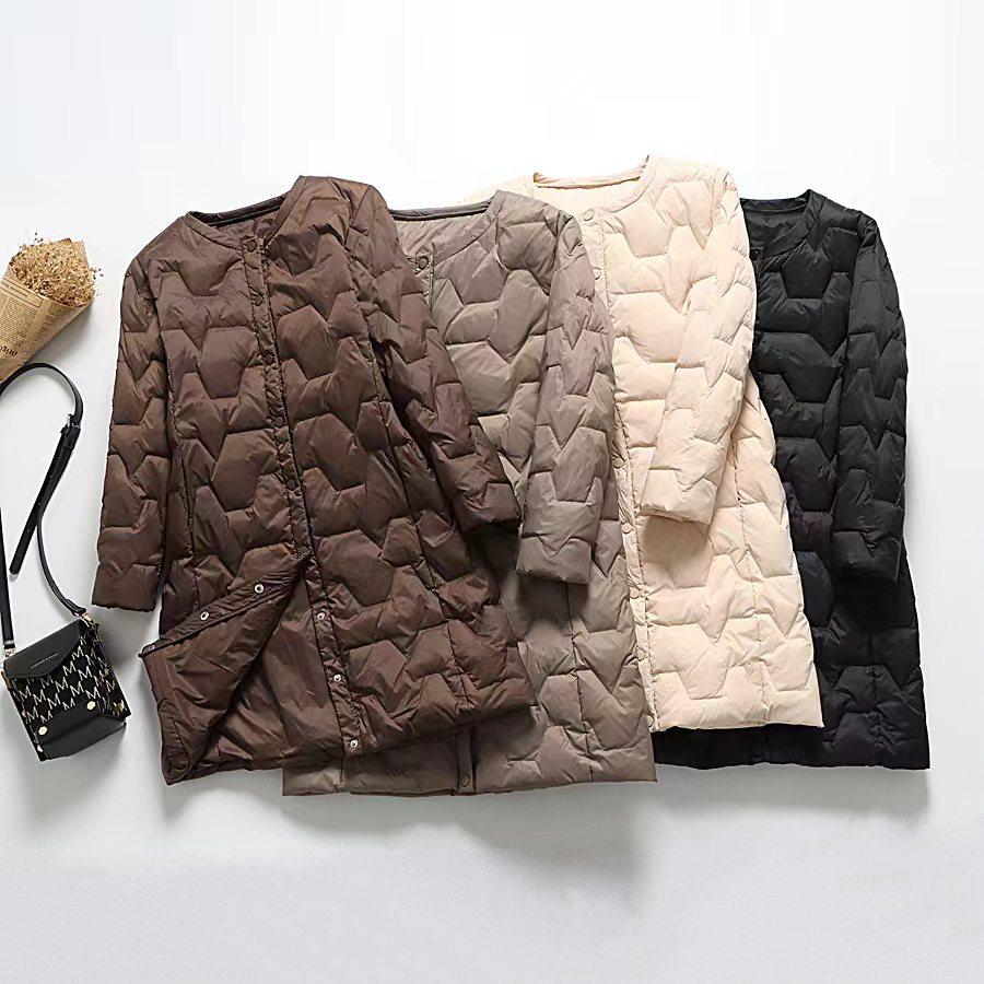 2024 осень и зима новый легкий пуховик женский средний и длинный без воротника куртка с легкой круглой горловиной тонкий прилив