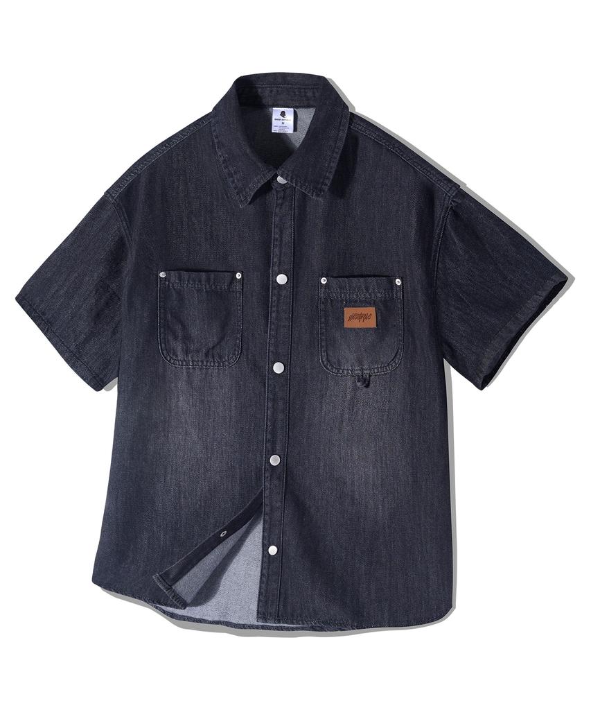 GHOST REPUBLIC Double Pocket Leather Patch Denim Short Sleeve Shirt Gs-717_Dust Black