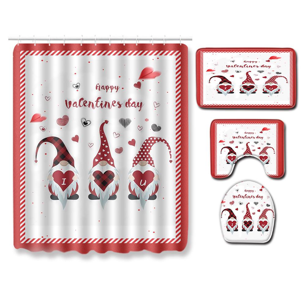 Valentine'S Day Toilet Shower Curtain Four-Piece Printed Floor Mat Set Bathroom Floor Mat Bedroom Absorbent Door Mat Carpet
