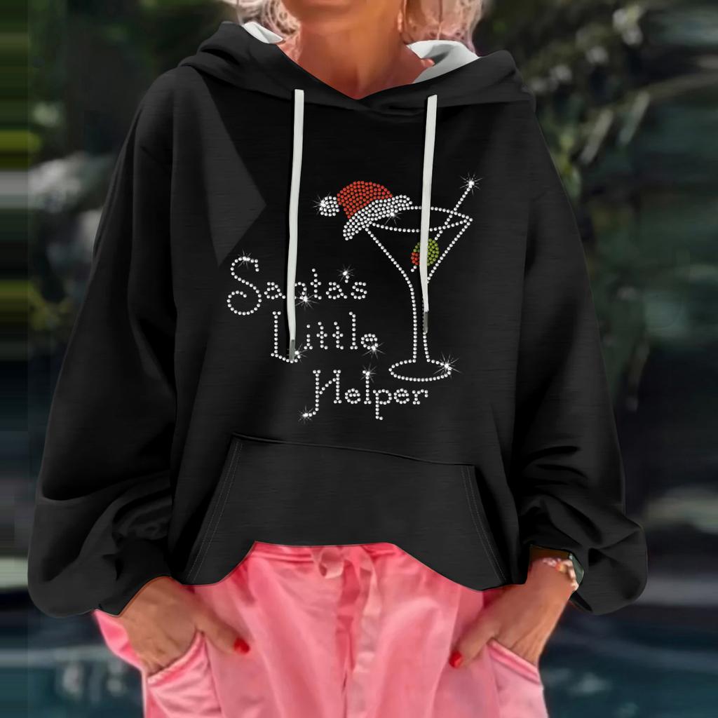 Женский рождественский принт, свободный повседневный худи с длинным рукавом и капюшоном